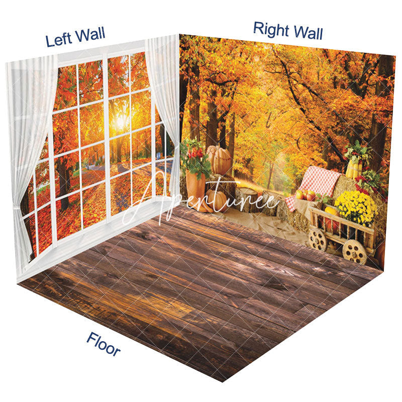 Aperturee - Aperturee Autumn Maple Forest Window Scene Room Set Backdrop