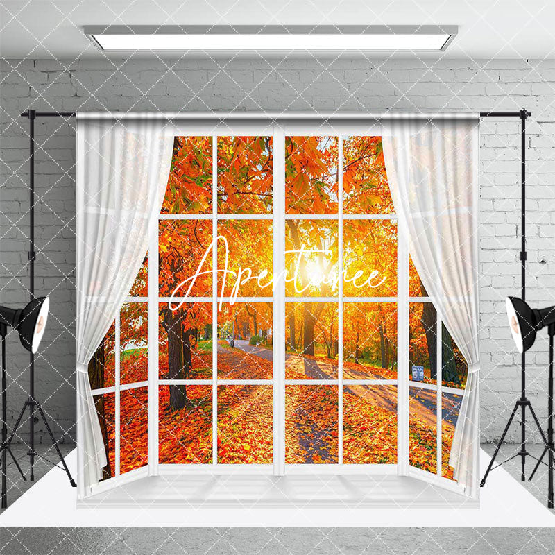 Aperturee - Aperturee Autumn Maple Forest Window Scene Room Set Backdrop