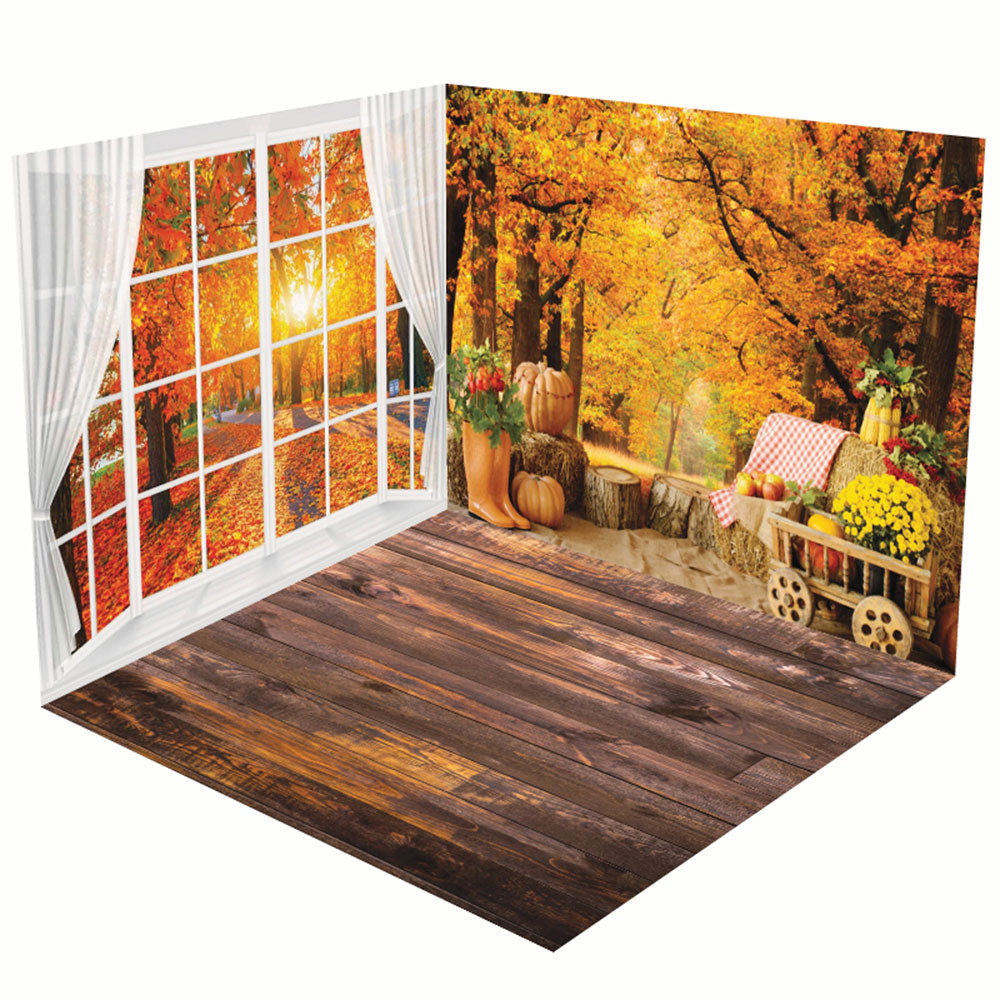 Aperturee - Aperturee Autumn Maple Forest Window Scene Room Set Backdrop