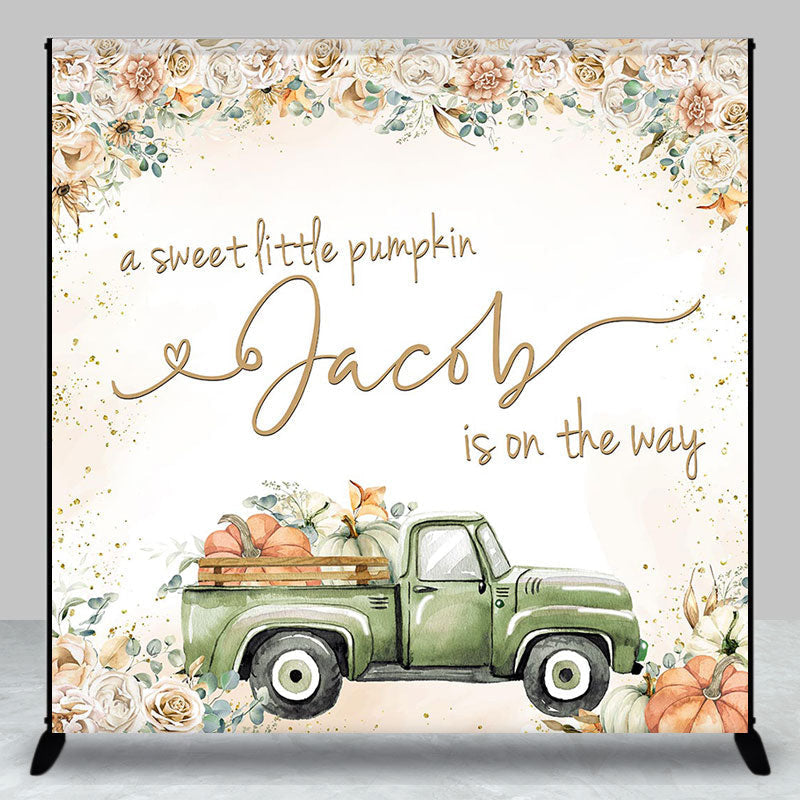 Aperturee - Aperturee Autumn Rose Truck Pumpkin Custom Baby Shower Backdrop