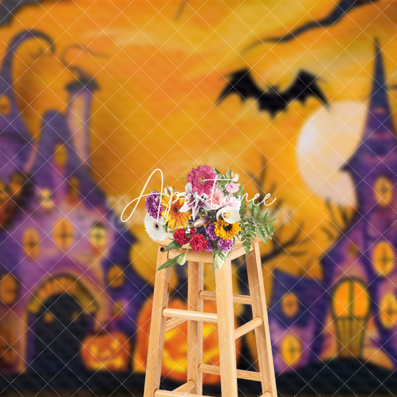 Aperturee - Aperturee Awful Pumpkins Castle Bats Moon Halloween Backdrop