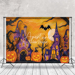 Aperturee - Aperturee Awful Pumpkins Castle Bats Moon Halloween Backdrop