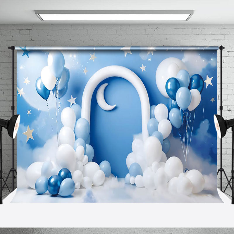 Aperturee - Aperturee Baby Boy Blue Balloons Cake Smash Photography Backdrop