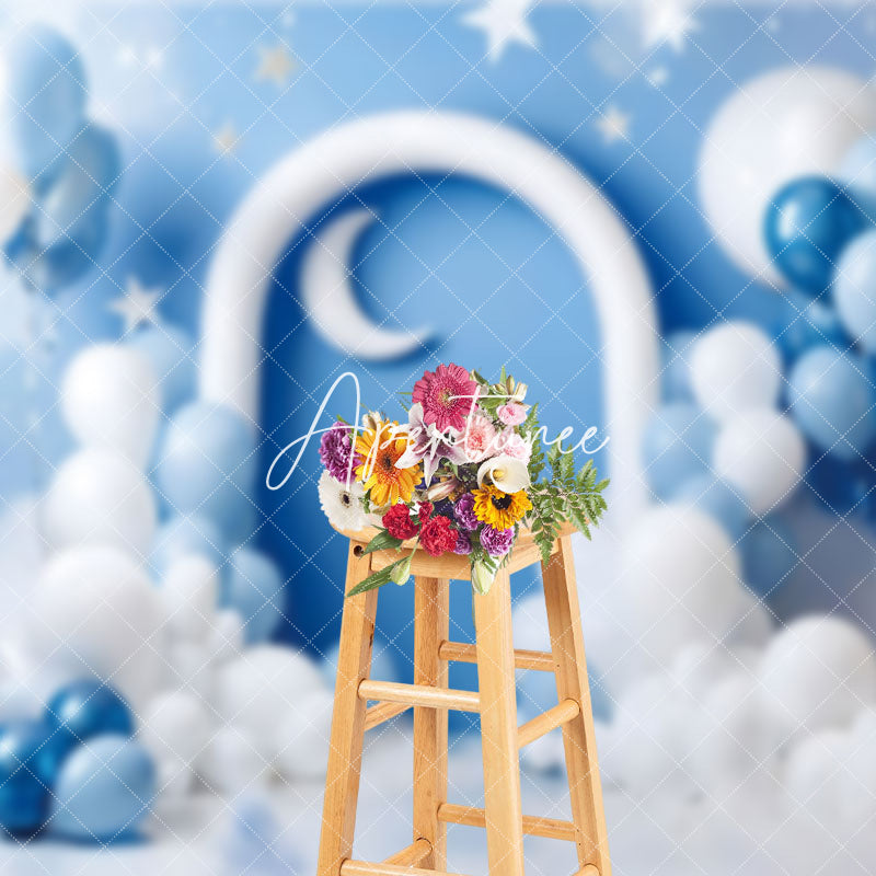 Aperturee - Aperturee Baby Boy Blue Balloons Cake Smash Photography Backdrop