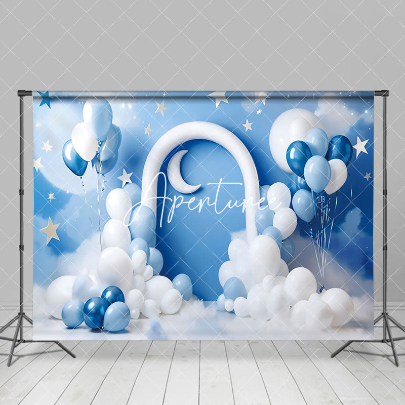 Aperturee - Aperturee Baby Boy Blue Balloons Cake Smash Photography Backdrop