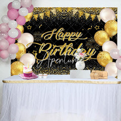 Aperturee - Aperturee Balloons Black Gold Glitter Happy Birthday Backdrop