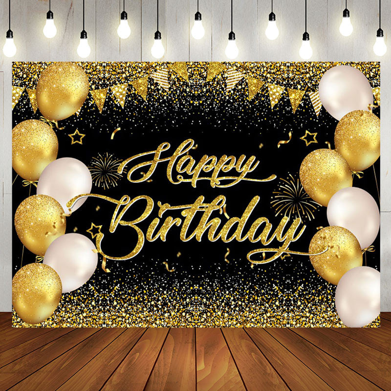 Aperturee - Aperturee Balloons Black Gold Glitter Happy Birthday Backdrop