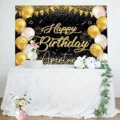 Aperturee - Aperturee Balloons Black Gold Glitter Happy Birthday Backdrop