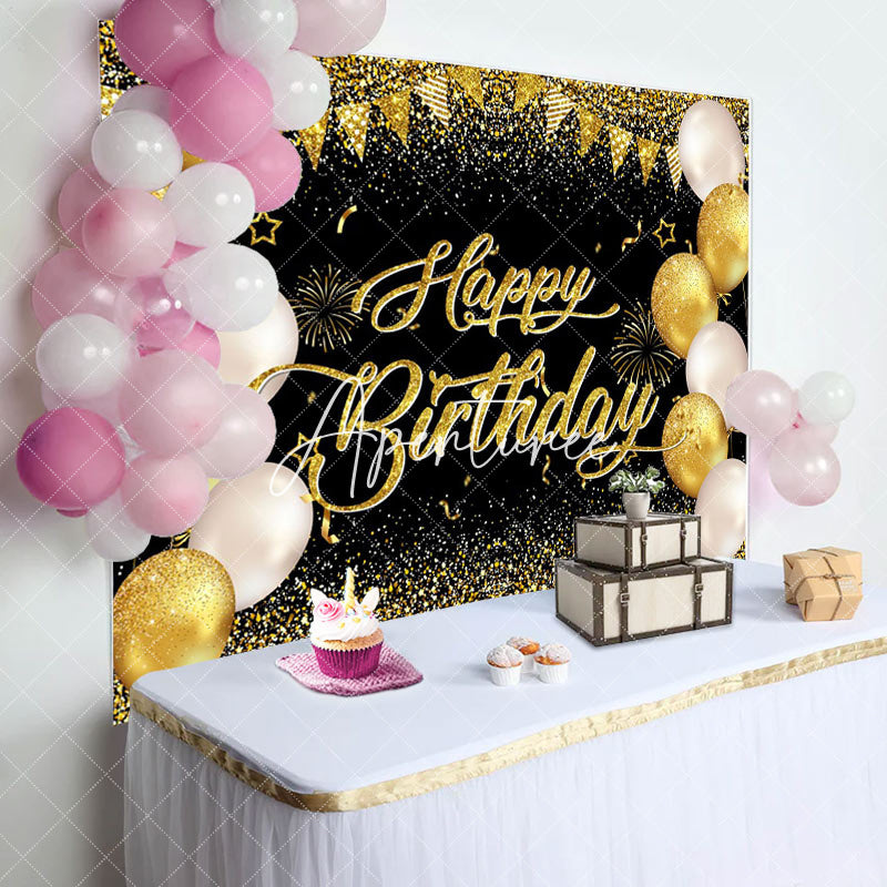 Aperturee - Aperturee Balloons Black Gold Glitter Happy Birthday Backdrop