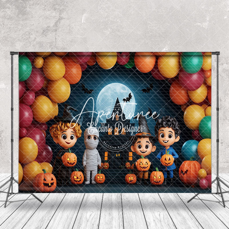 Aperturee - Aperturee Balloons Castle Moon Night Mummy Halloween Backdrop