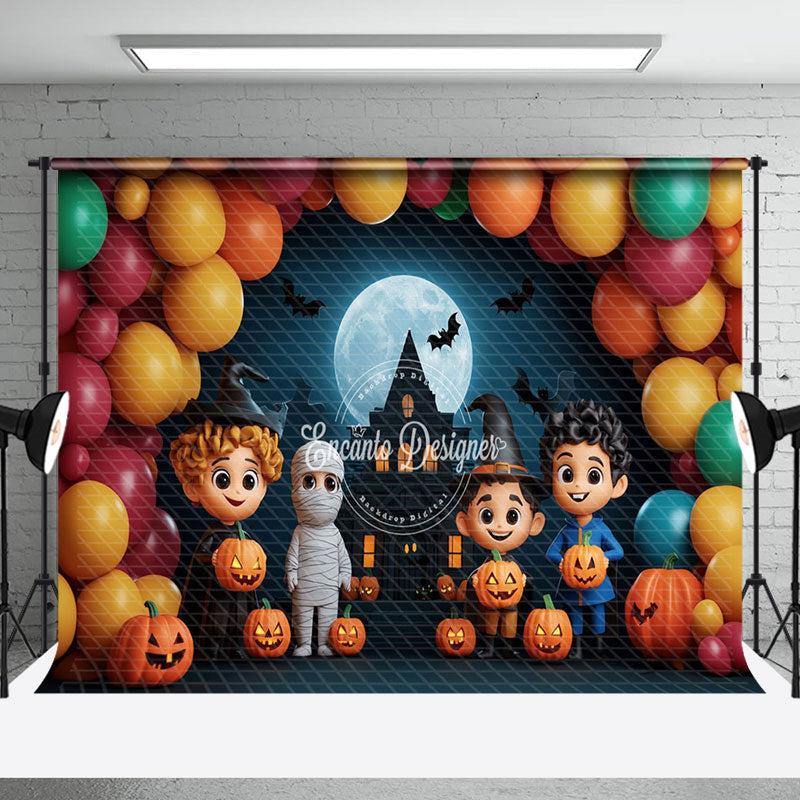 Aperturee - Aperturee Balloons Castle Moon Night Mummy Halloween Backdrop