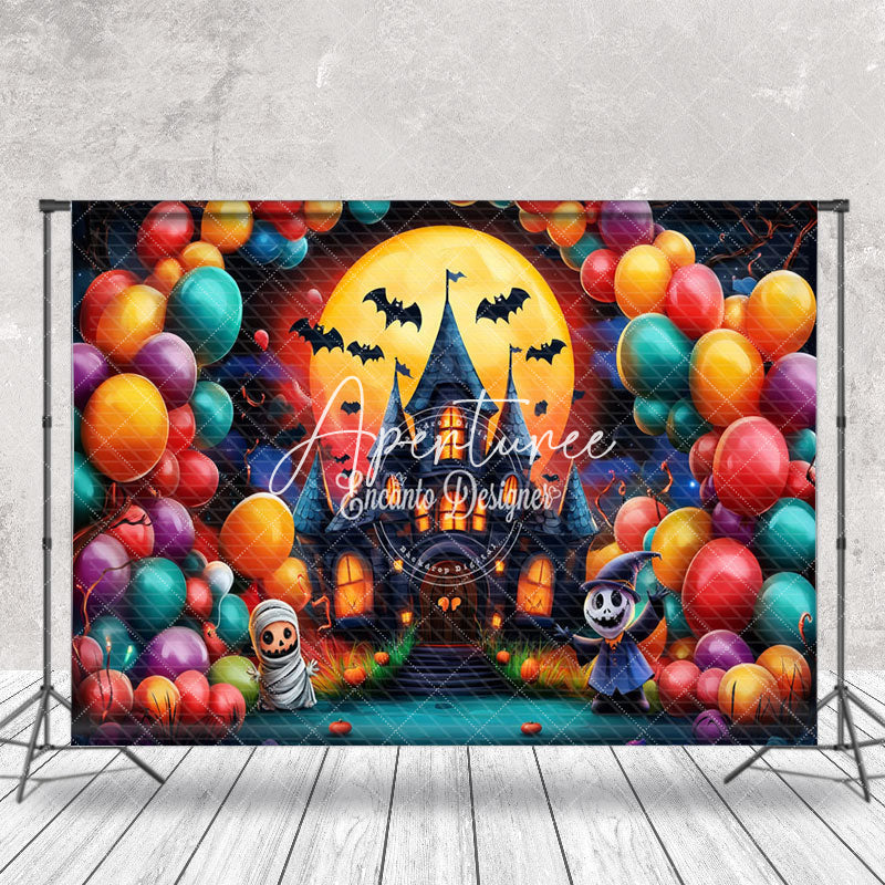 Aperturee - Aperturee Balloons Ghosts Bats Castle Moon Halloween Backdrop