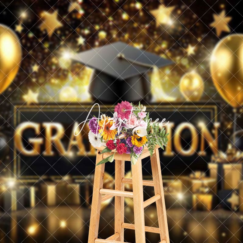 Aperturee - Aperturee Balloons Gold Stars Cap Happy Graduation Backdrop