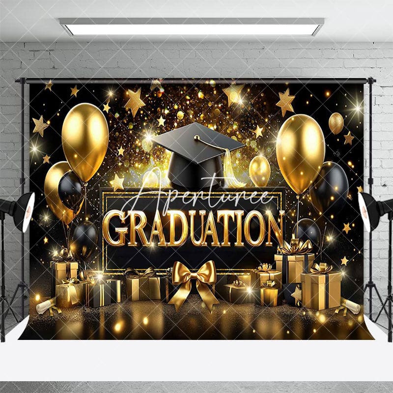 Aperturee - Aperturee Balloons Gold Stars Cap Happy Graduation Backdrop