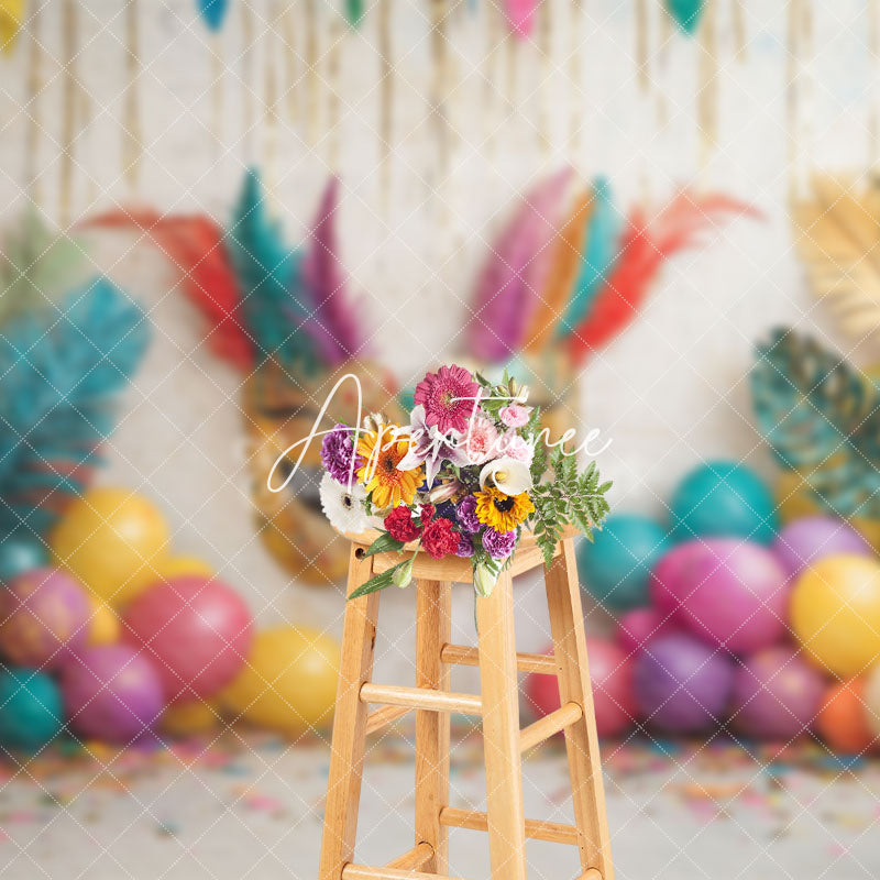 Aperturee - Aperturee Balloons Mask Feather Tribal Cake Smash Backdrop