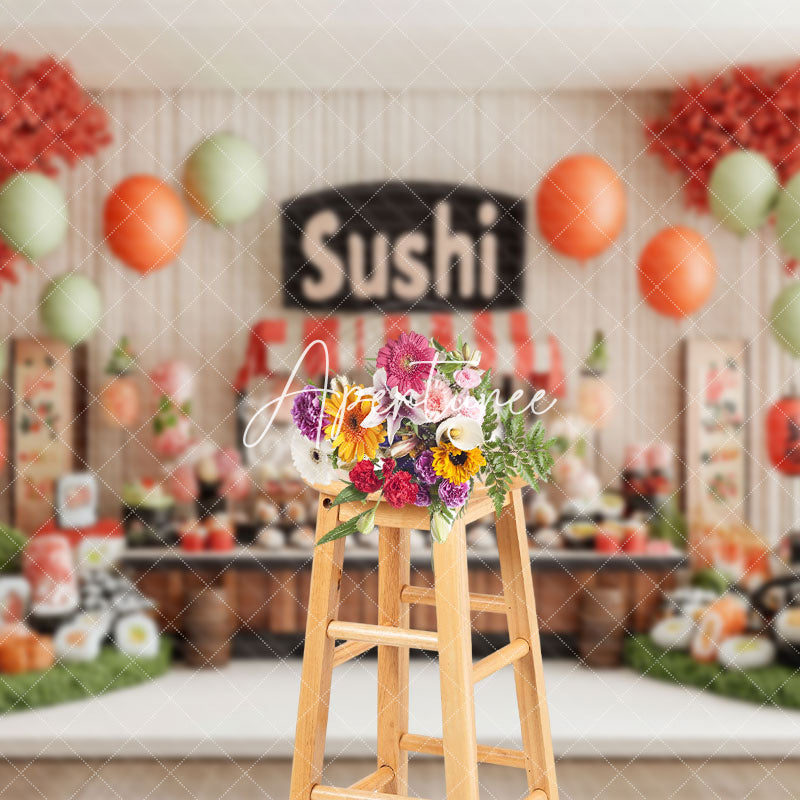 Aperturee - Aperturee Balloons Orange Trees Sushi Store Cake Smash Backdrop