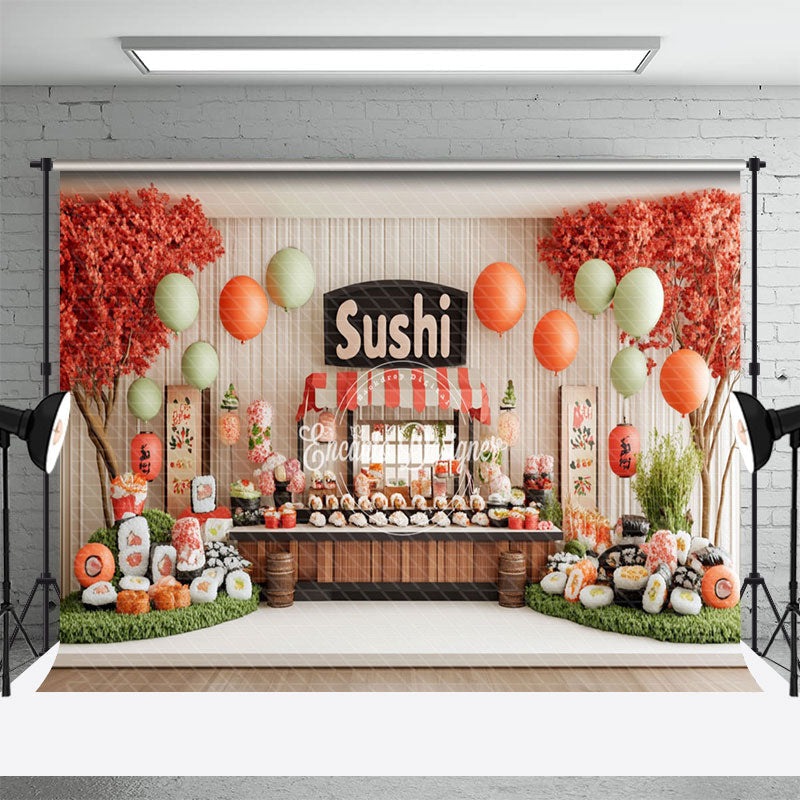 Aperturee - Aperturee Balloons Orange Trees Sushi Store Cake Smash Backdrop