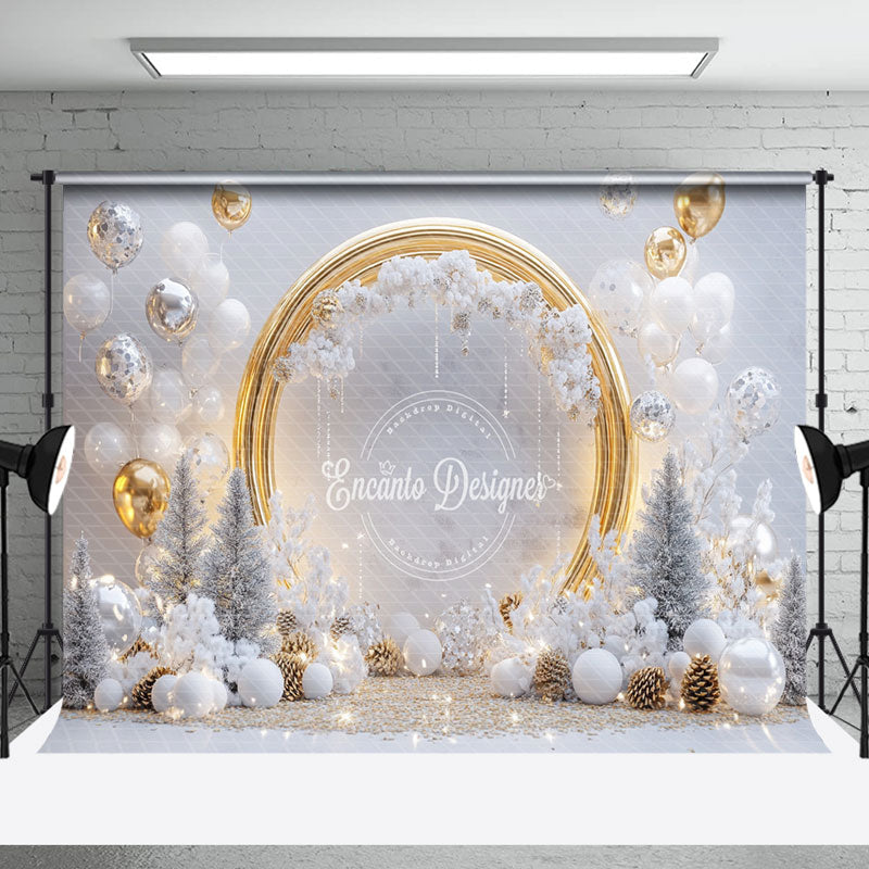 Aperturee - Aperturee Balloons Snowy Trees Gold Circle Christmas Backdrop