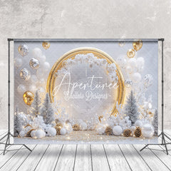 Aperturee - Aperturee Balloons Snowy Trees Gold Circle Christmas Backdrop