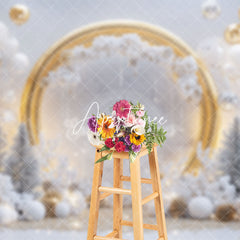 Aperturee - Aperturee Balloons Snowy Trees Gold Circle Christmas Backdrop