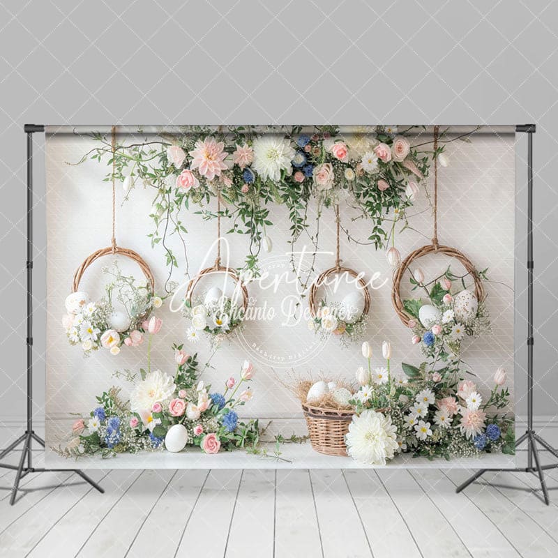 Aperturee - Aperturee Bamboo Basket Eggs White Wall Floral Easter Backdrop