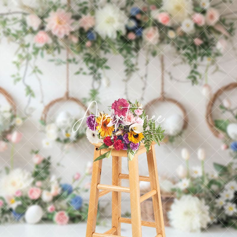 Aperturee - Aperturee Bamboo Basket Eggs White Wall Floral Easter Backdrop