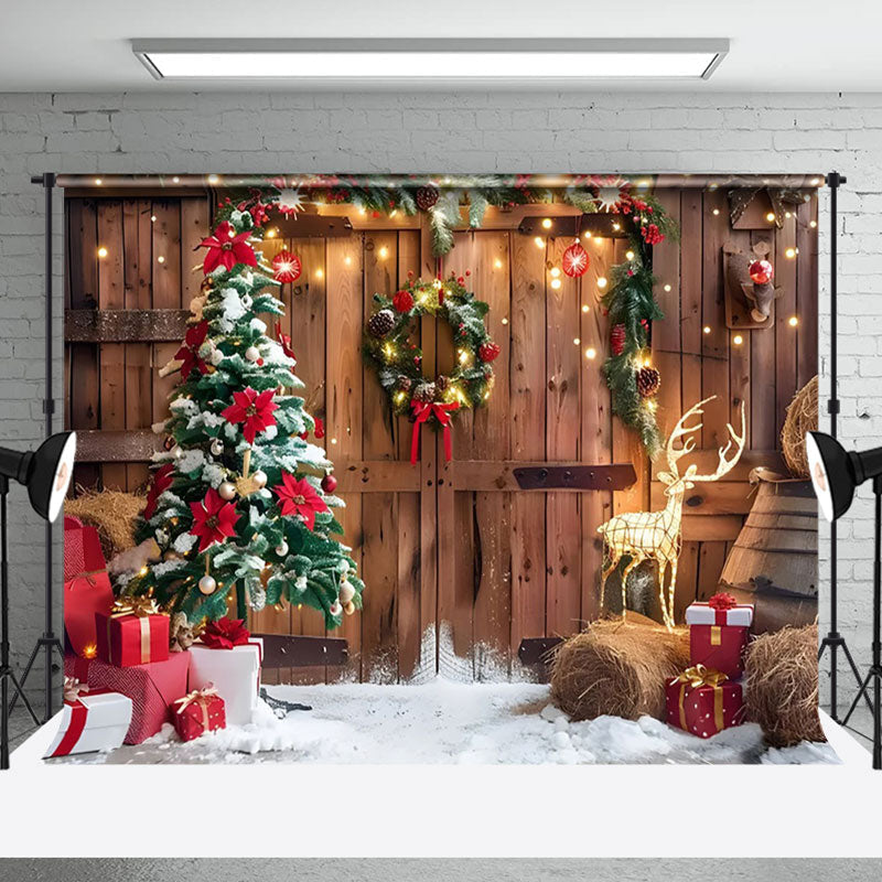 Aperturee - Aperturee Barn Door Reindeer Lights Garland Christmas Backdrop