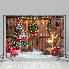 Aperturee - Aperturee Barn Door Reindeer Lights Garland Christmas Backdrop