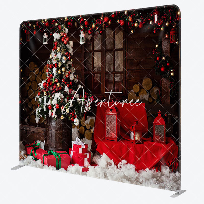 Aperturee - Aperturee Baubles Tree Red Wood Christmas Pillow Case Backdrop