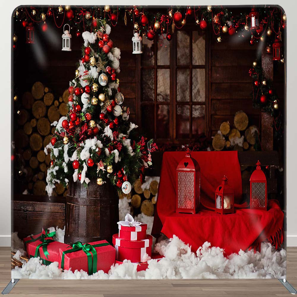 Aperturee - Aperturee Baubles Tree Red Wood Christmas Pillow Case Backdrop