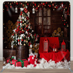 Aperturee - Aperturee Baubles Tree Red Wood Christmas Pillow Case Backdrop