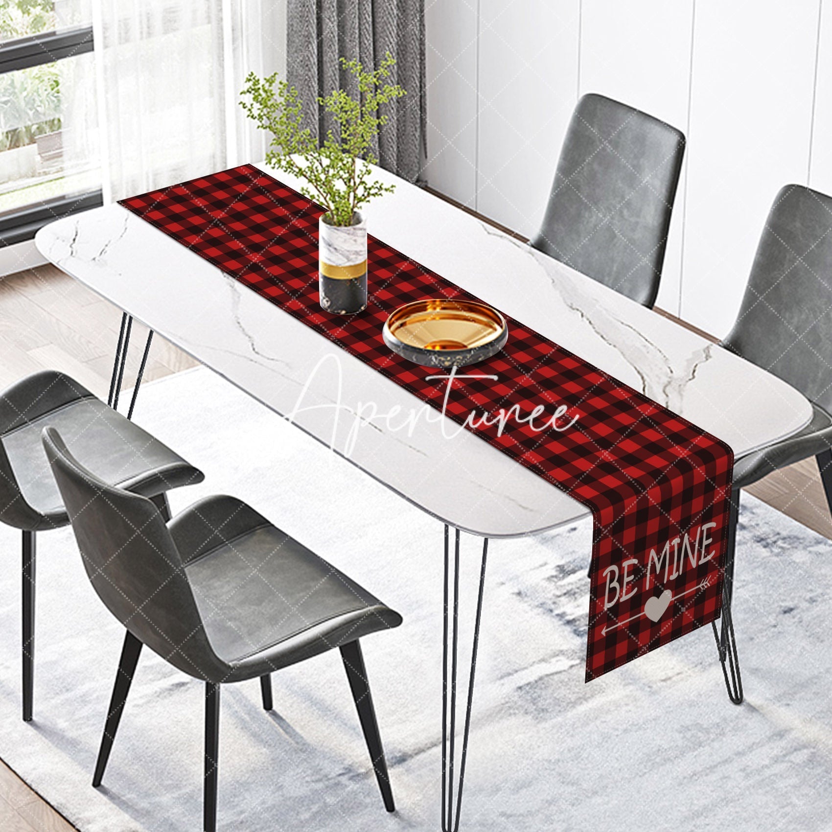 Aperturee - Aperturee Be Mine Red Black Plaid Valentines Day Table Runner