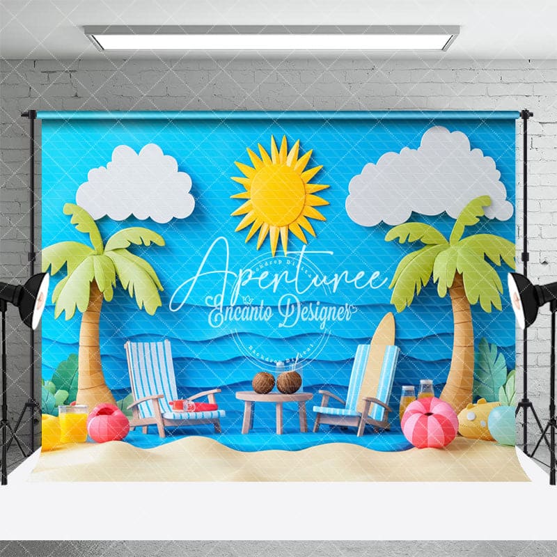 Aperturee - Aperturee Beach Scene Palm And Lounge Chairs Summer Backdrop