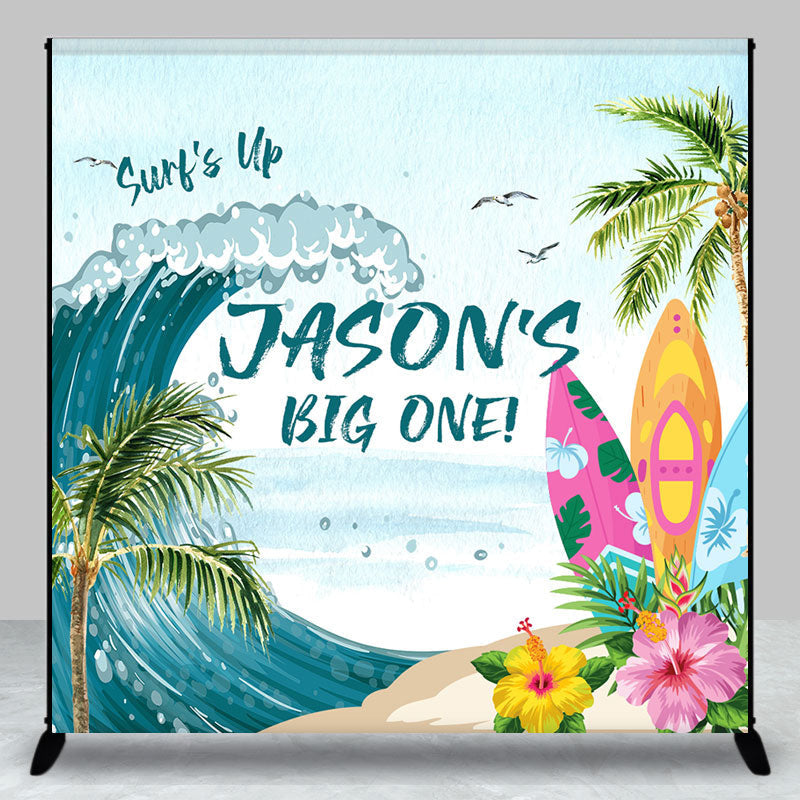 Aperturee - Aperturee Beach Surf Up Big One Custom Name Birthday Backdrop