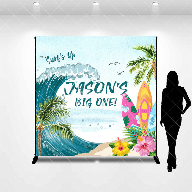 Aperturee - Aperturee Beach Surf Up Big One Custom Name Birthday Backdrop