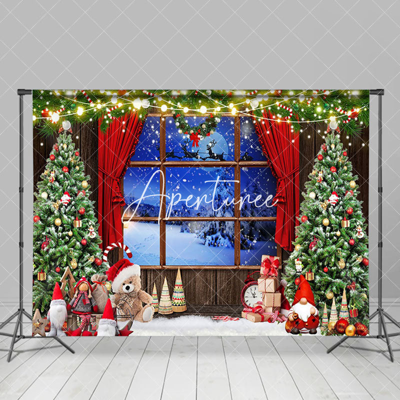 Aperturee - Aperturee Bear Doll Wood Window Night Snowfield Xmas Backdrop