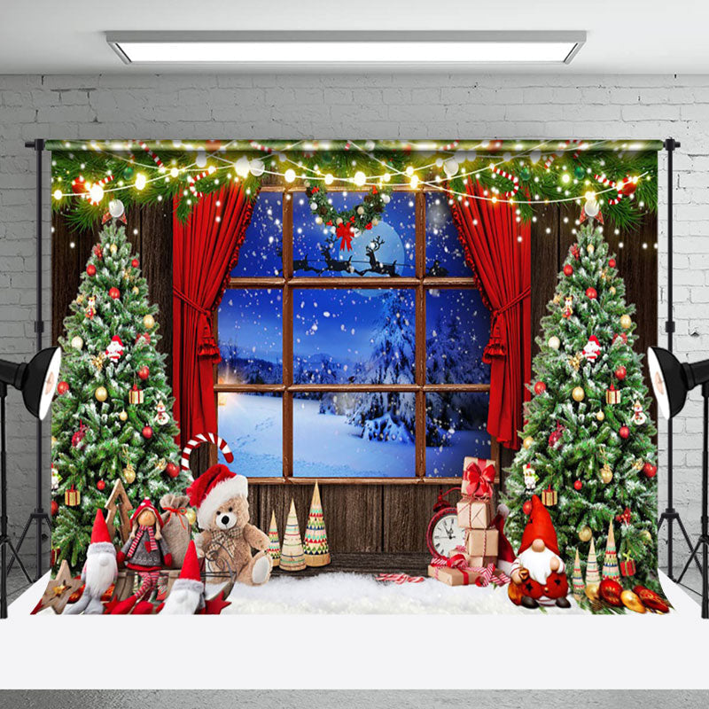 Aperturee - Aperturee Bear Doll Wood Window Night Snowfield Xmas Backdrop