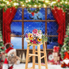 Aperturee - Aperturee Bear Doll Wood Window Night Snowfield Xmas Backdrop