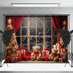 Aperturee - Aperturee Bears Gifts Snowy Window Scene Christmas Backdrop