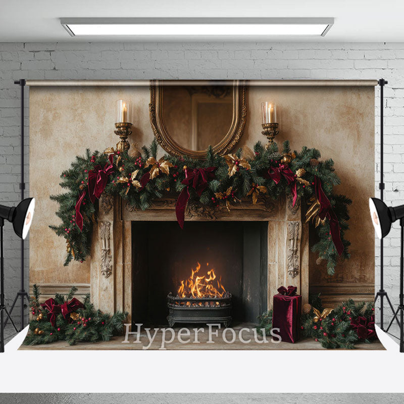 Aperturee - Aperturee Beige Abstract Wall Fireplace Christmas Backdrop