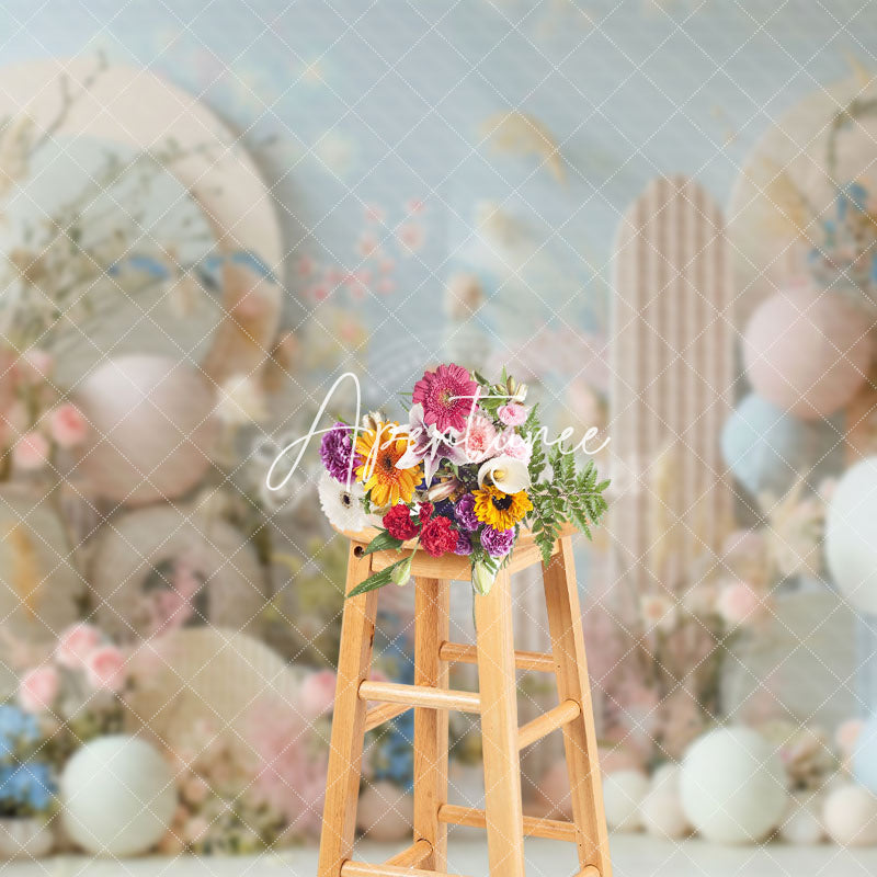 Aperturee - Aperturee Beige Arch Balloons Floral Wedding Photo Backdrop