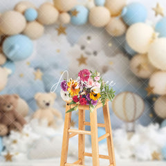 Aperturee - Aperturee Beige Blue Balloons Bears Stars Cake Smash Backdrop