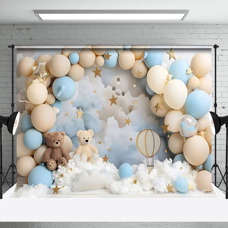 Aperturee - Aperturee Beige Blue Balloons Bears Stars Cake Smash Backdrop