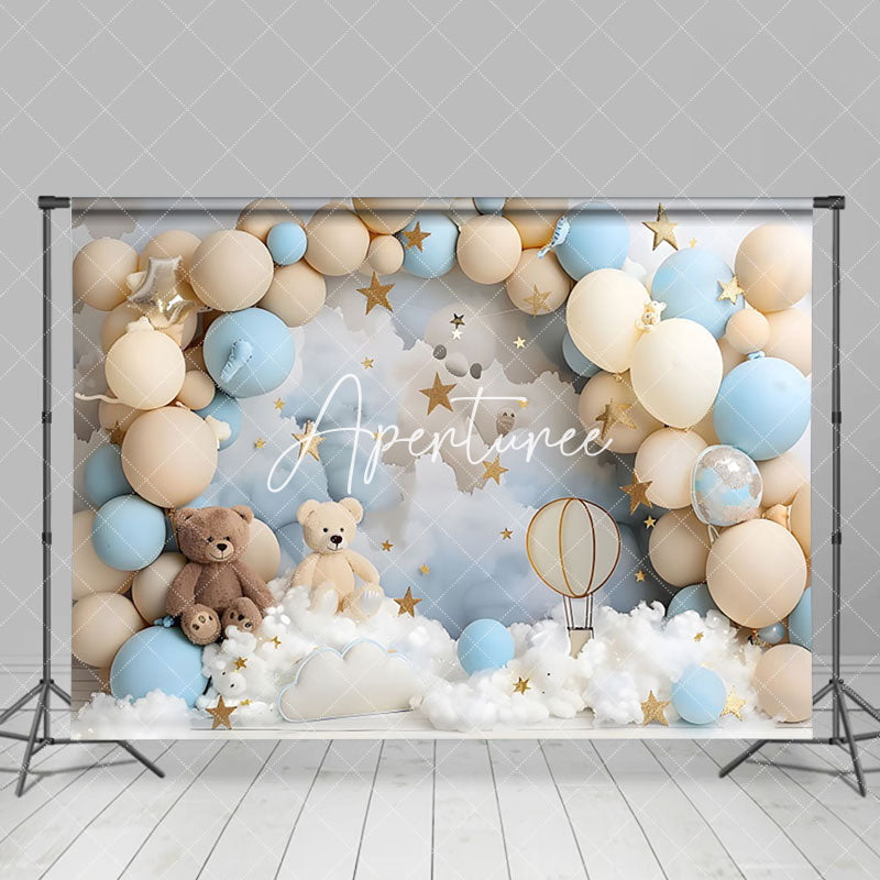 Aperturee - Aperturee Beige Blue Balloons Bears Stars Cake Smash Backdrop