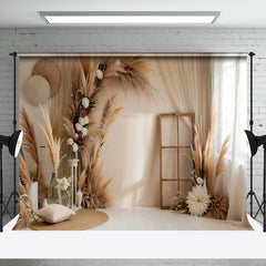 Aperturee - Aperturee Beige Boho Floral Pampas Grass Window Photo Backdrop