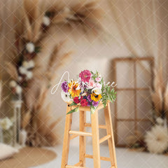 Aperturee - Aperturee Beige Boho Floral Pampas Grass Window Photo Backdrop