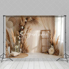 Aperturee - Aperturee Beige Boho Floral Pampas Grass Window Photo Backdrop