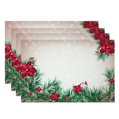 Aperturee - Aperturee Beige Bokeh Leaves Poinsettia Xmas Set Of 4 Placemats