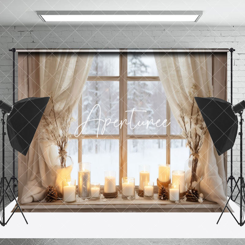 Aperturee - Aperturee Beige Curtain Candlelight Window Christmas Backdrop