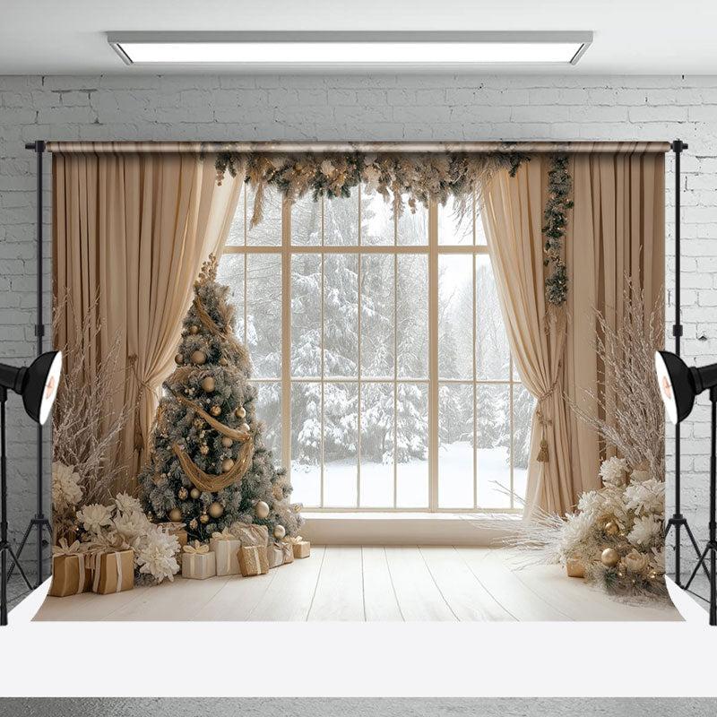 Aperturee - Aperturee Beige Curtain Xmas Tree Window Scene Photo Backdrop